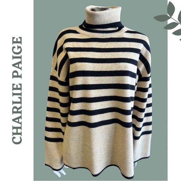 Charlie Paige Mikyla Stripe Cowl / Turtle Neck Pullover Cream Black Size Medium - Picture 4 of 7